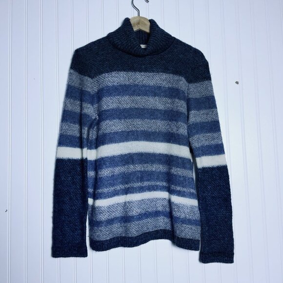 Tory Burch Tricia Blue Alpaca Wool Horizontal Striped Turtleneck Sweater Medium - Picture 7 of 7